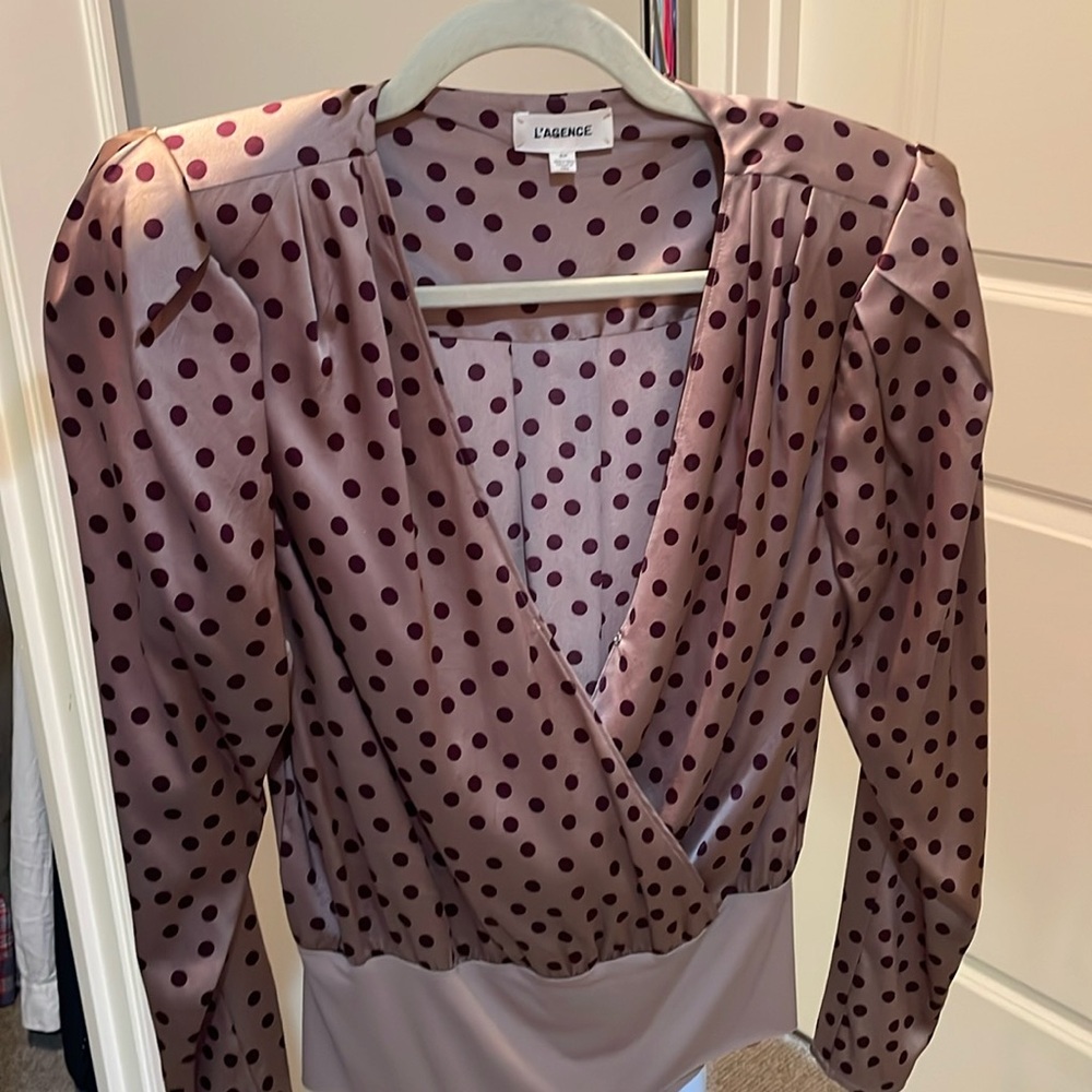 L’Agence brown silk polka dot body suit sz S